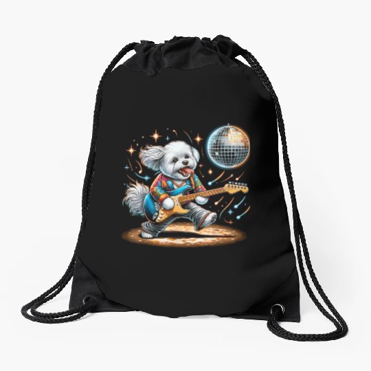 Disco Guitar Maltese dog Drawstring Bags