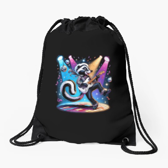 Disco Ball Guitar Skunk Drawstring Bags