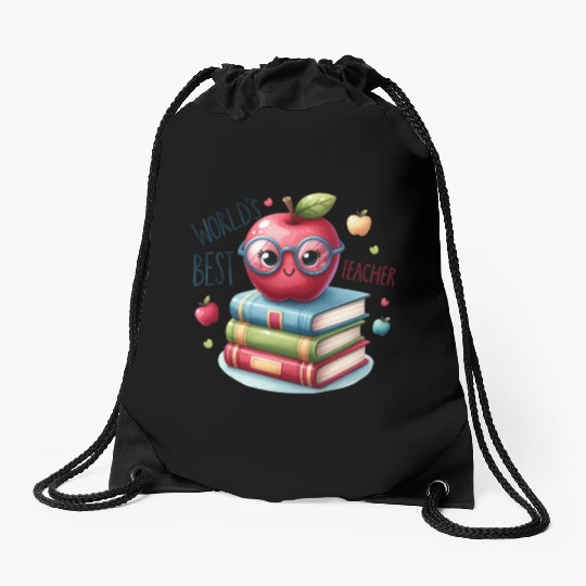 Worlds Best Teacher Apple And Books For Teacher Drawstring Bags
