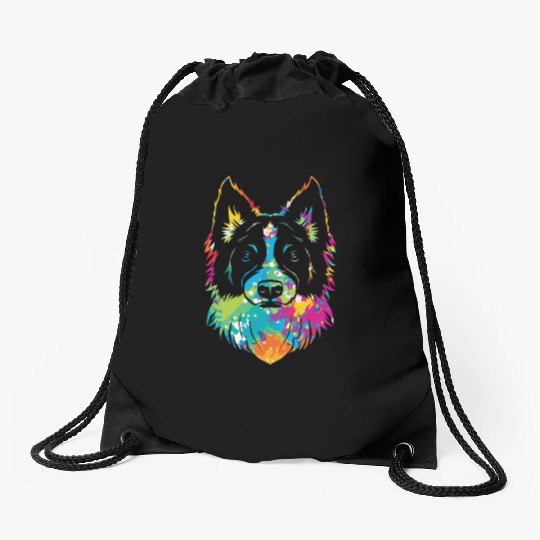 Pop Art Style Dog Face Puppy Border Collie Drawstring Bags