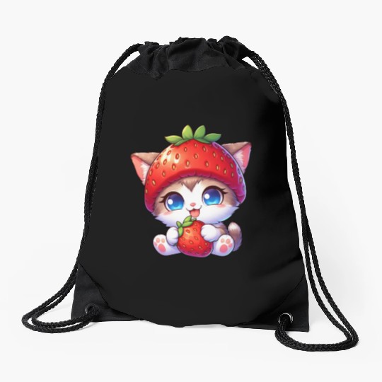 Cat with strawberry hat cute fruity quirky Drawstring Bags