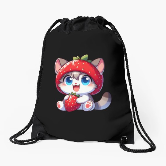 Cute Cat Strawberry Fruit Hat Quirky Drawstring Bags