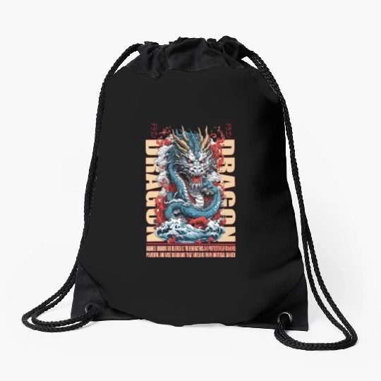 Japanese dragon on waves Drawstring Bags