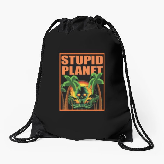 stupid planet Drawstring Bags