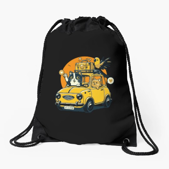 Road Trip by Car : Life's Better with Cat Friends Drawstring Bags