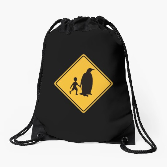 Penguin and Kid Crossing - Weird Road Sign Drawstring Bags