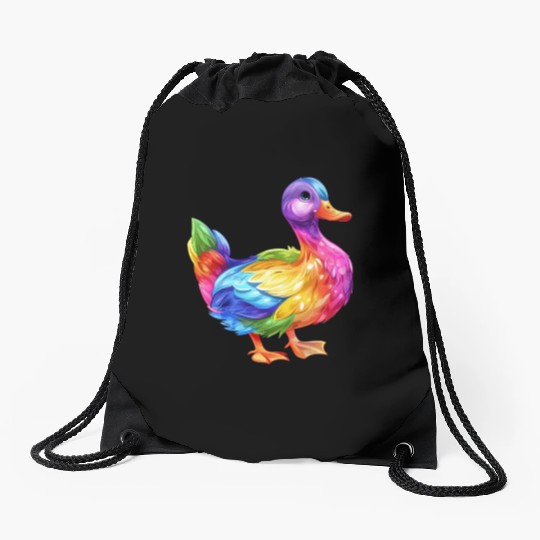 Duck Rainbow Colorful Feathered Duck Illustration Drawstring Bags
