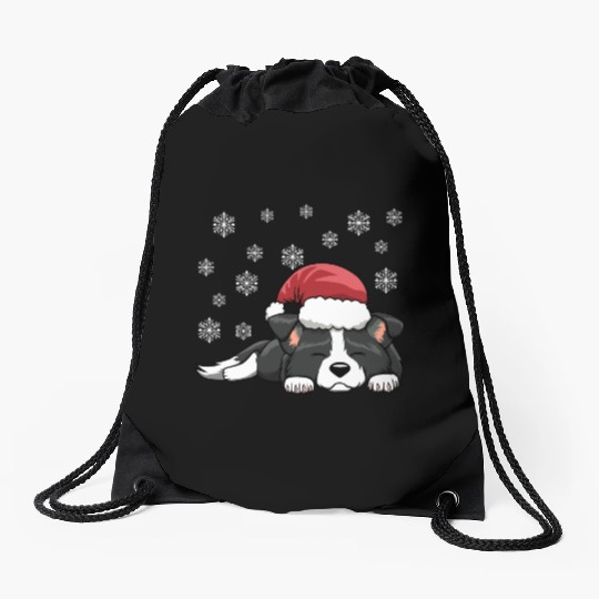CHRISTMAS SANTA HAT SLEEPING BORDER COLLIE DOG Drawstring Bags
