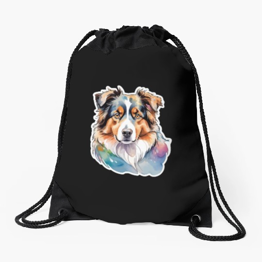 Australian Shepherd Watercolor Drawstring Bags