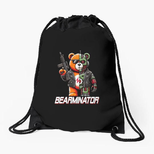 Bearminator Funny Cyborg Teddy Bear Design Drawstring Bags