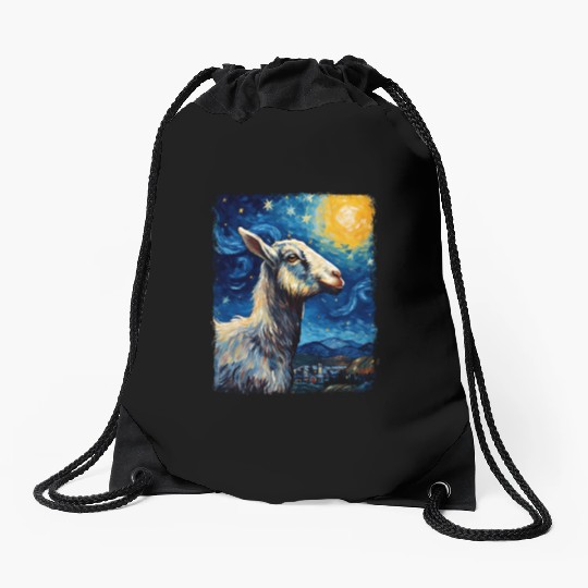 Goat Farm Animal Farmer Starry Night Painting Drawstring Bags