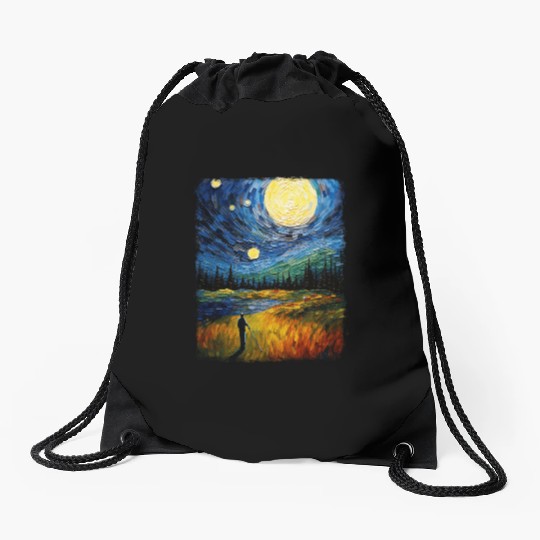 Golf Player Golfer Golfing Starry Night Painting Drawstring Bags