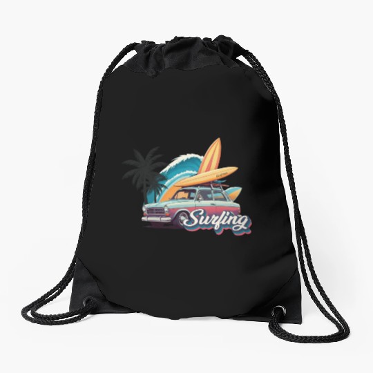 Surfing Car Drawstring Bags