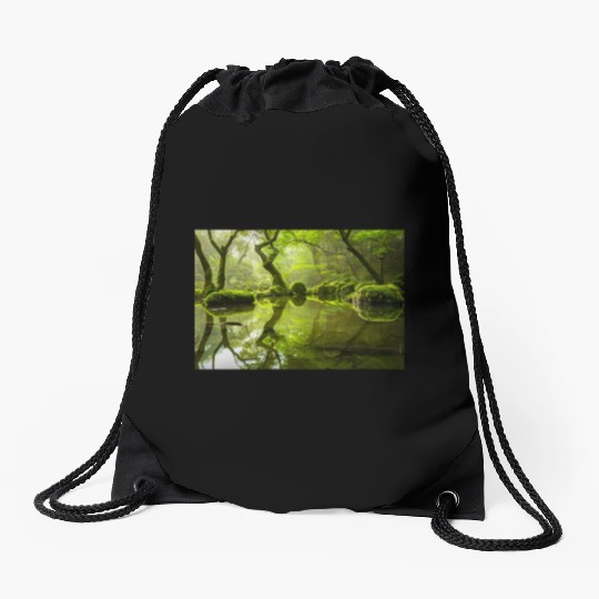 Enchanted Forest Reflections in Tranquil Pond Drawstring Bags