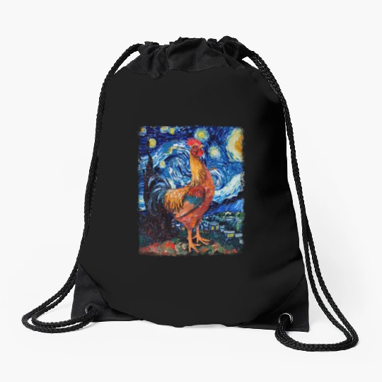 Chicken Farm Farmer Farming Starry Night Painting Drawstring Bags