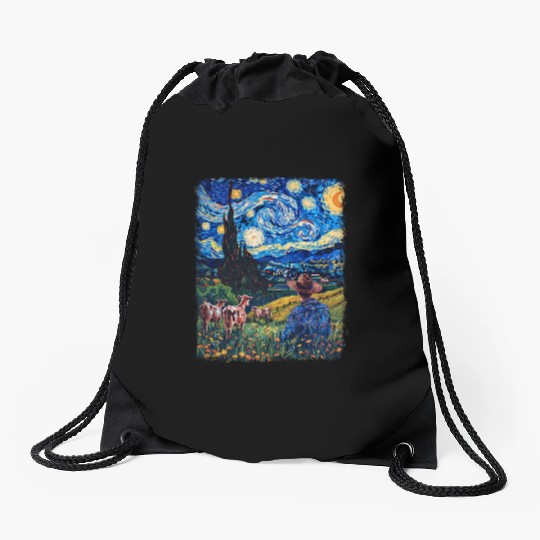 Cow Farmer Farming Farm Starry Night Painting Drawstring Bags