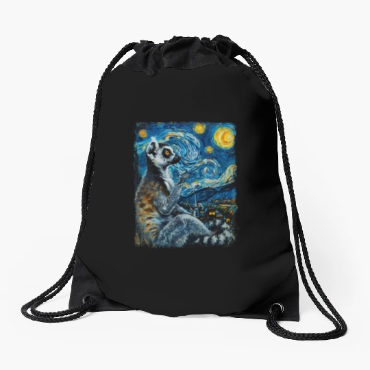 Lemur Ring Tailed Starry Night Painting Drawstring Bags