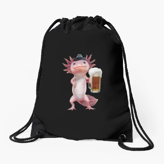 Axolotl Drinking Beer Realistic Drawstring Bags