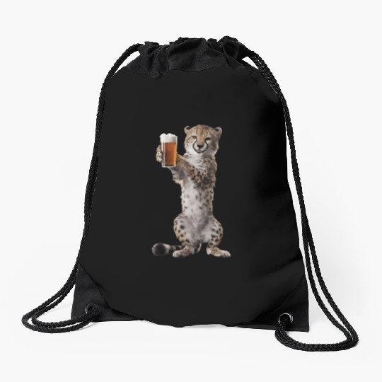 Cheetah Drinking Beer Realistic Drawstring Bags