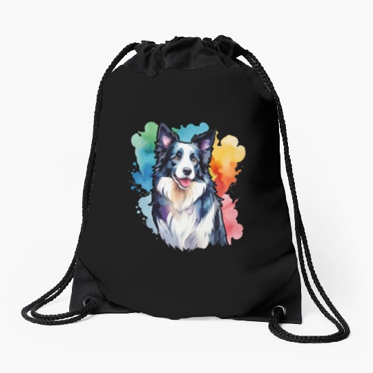 Border Collie Watercolor Drawstring Bags