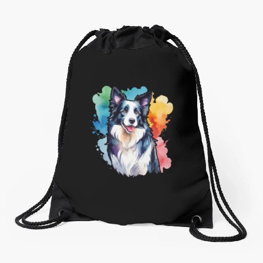 Border Collie Watercolor Drawstring Bags
