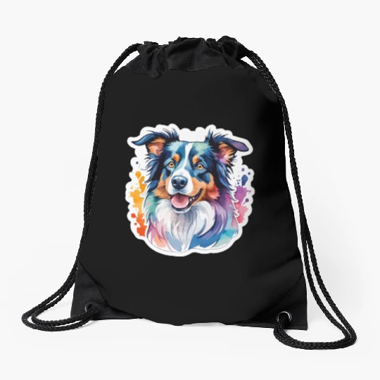 Border Collie Watercolor Drawstring Bags