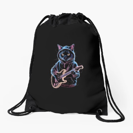 Rockstar Cat Electric Guitar Playing Drawstring Bags