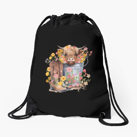 Highland Cow flowers Christmas Drawstring Bags