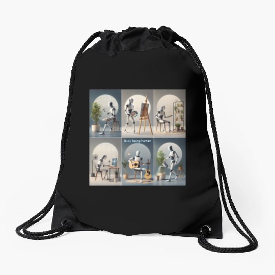 Robot Busy Being Human Drawstring Bags