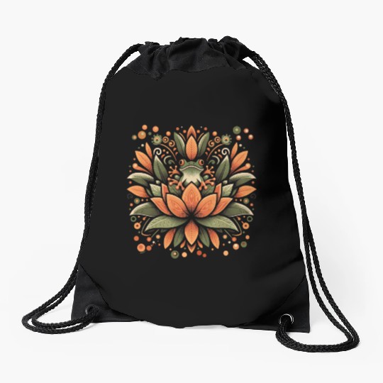Frog on Lotus Drawstring Bags