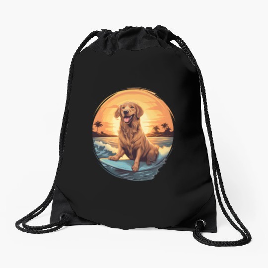Golden Retriever Dog Surfing Happy Drawstring Bags