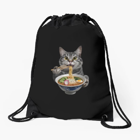 Cat Eating Ramen Realistic Drawstring Bags