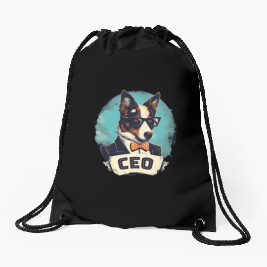 Border Collie Dog With Suit and Tie CEO Drawstring Bags