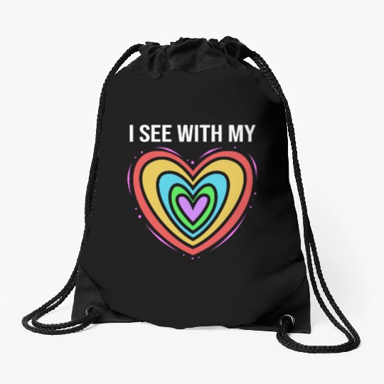 Rainbow Heart Blind Awareness I See With My Heart Drawstring Bags