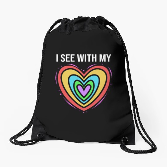 Rainbow Heart Blind Awareness I See With My Heart Drawstring Bags