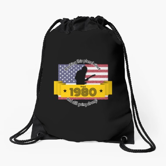 44th birthday Rocking this planet since 08/1980 Drawstring Bags