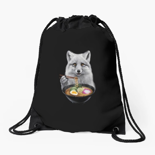 Arctic Fox Eating Ramen Realistic Drawstring Bags