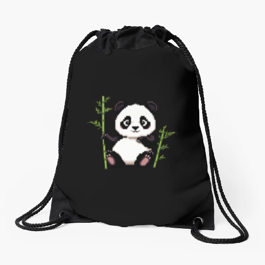A pixel art of a panda with a bamboo leaf Drawstring Bags