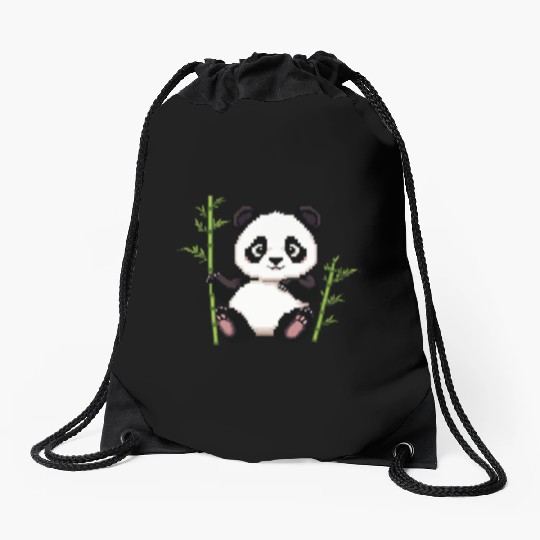 A pixel art of a panda with a bamboo leaf Drawstring Bags