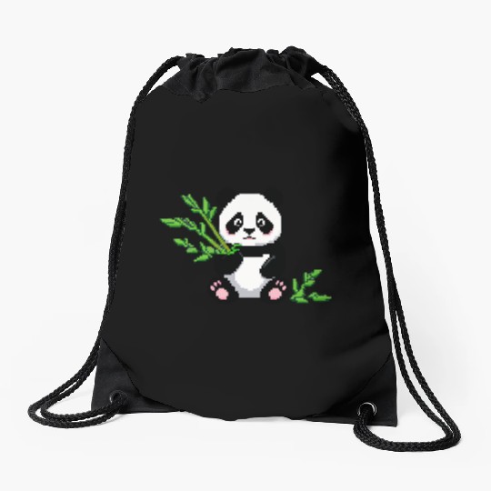 A pixel art of a panda with a bamboo leaf Drawstring Bags
