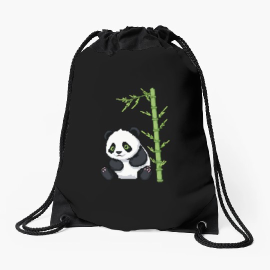 A pixel art of a panda with a bamboo leaf Drawstring Bags
