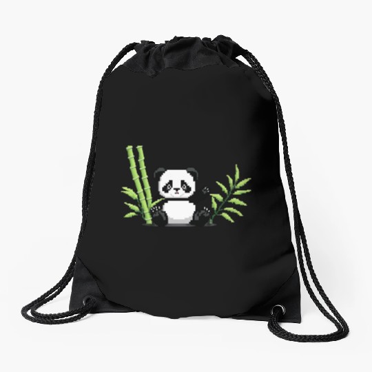 A pixel art of a panda with a bamboo leaf Drawstring Bags