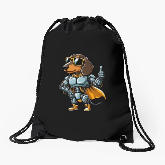 Dachshund robot cyborg sci-fi dog mech design Drawstring Bags