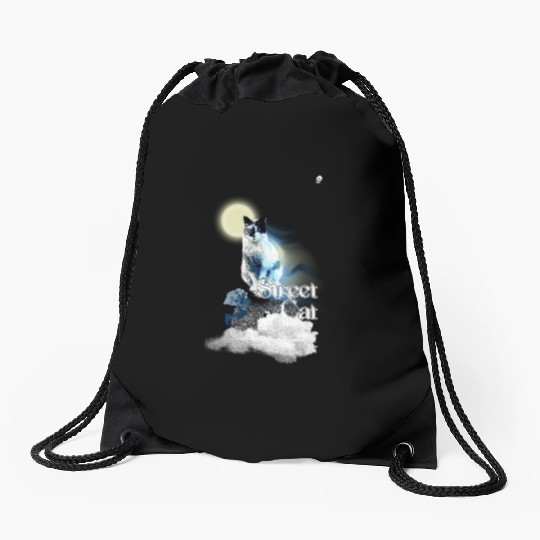 Street cat under the moon Drawstring Bags
