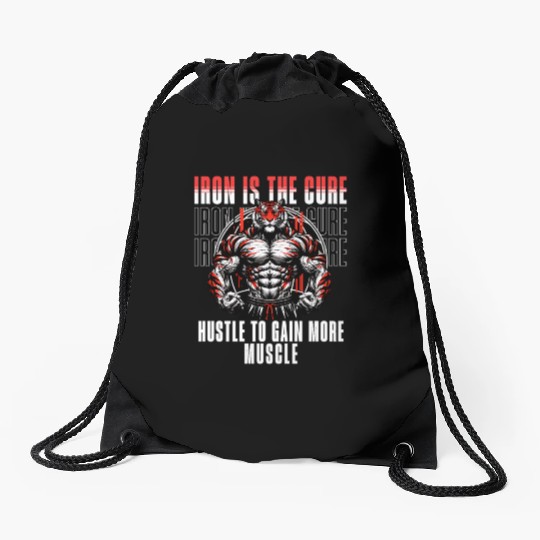 iron is the cure with bodybuliding tiger Drawstring Bags