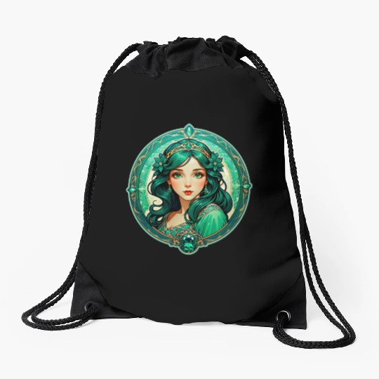 Emerald Haired Fantasy Princess Portrait Drawstring Bags