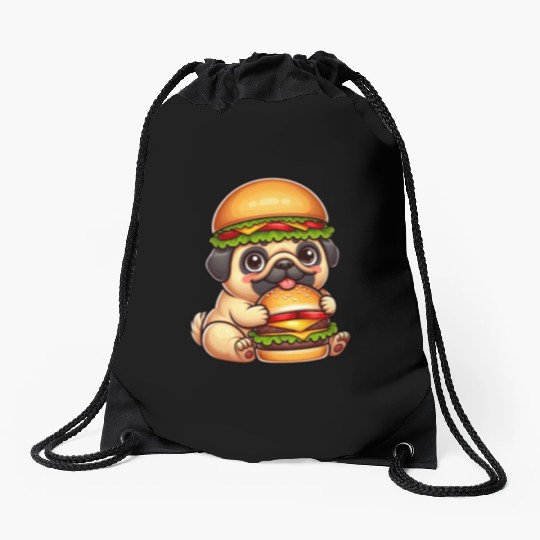 Halloween dog pug hamburger hat quirky fast food Drawstring Bags