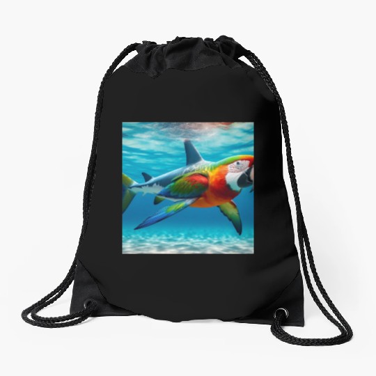 The great white shark-parrot Drawstring Bags