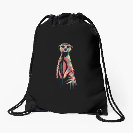 Vibrant Meerkat Illustration Neon Colors Drawstring Bags