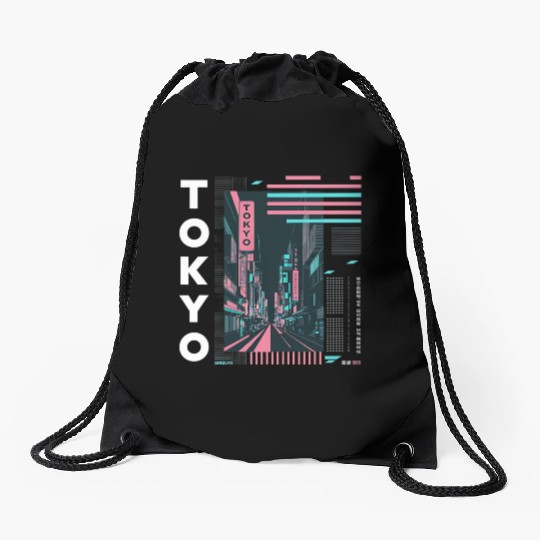 Neon Streets of Tokyo Drawstring Bags